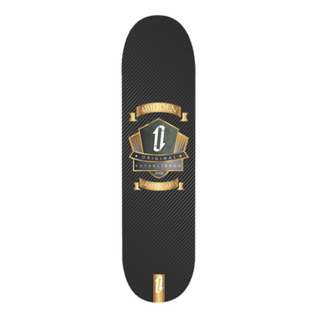 Imagen de la tabla de skate 4bidden Gold Shield con fondo negro y detalles dorados, escudo central y estética elegante.