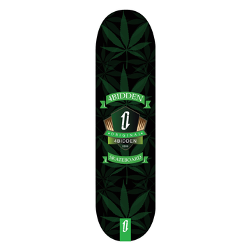 Imagen de la tabla de skate 4bidden Nature Shield con fondo verde oscuro y diseño de hojas, escudo central en tonos verdes.
