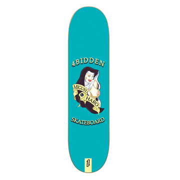 Imagen de la tabla de skate 4bidden Monja Haro con ilustración humorística de monja en tonos beige y fondo turquesa.