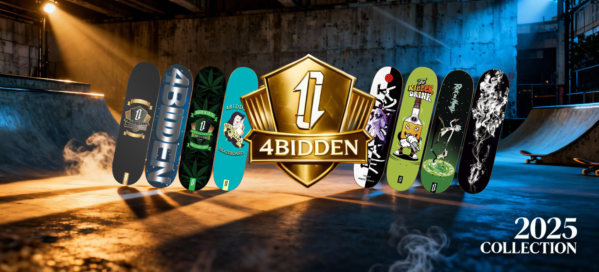 Tabla de skate Colección 4bidden 2025 – Nuevos modelos con gráficos exclusivos en entorno de skatepark.27403af4-f4e3-4833-9189-9868705845f7