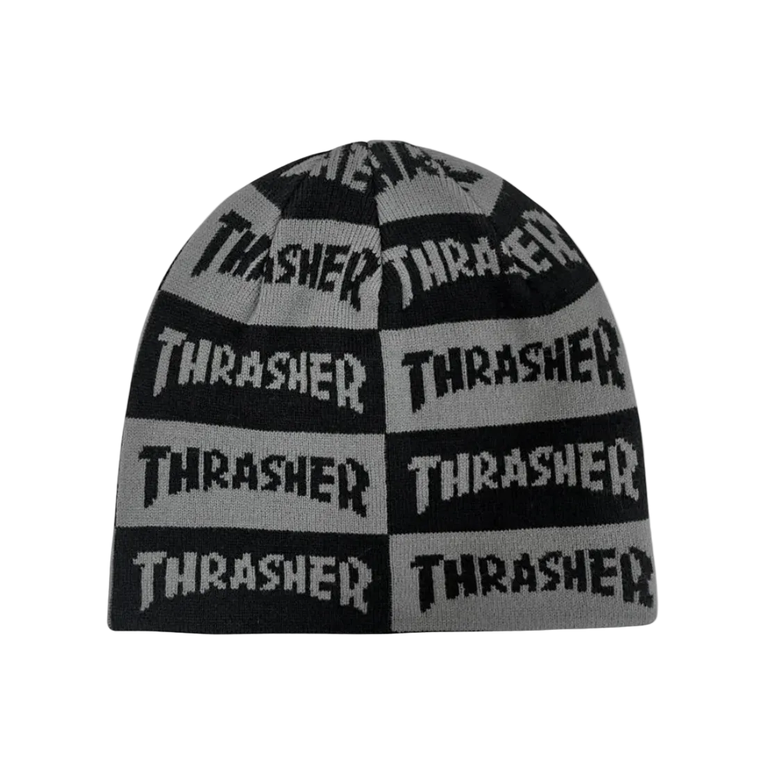 Chullo Thrasher negro y gris con patrón checkered y logo repetido