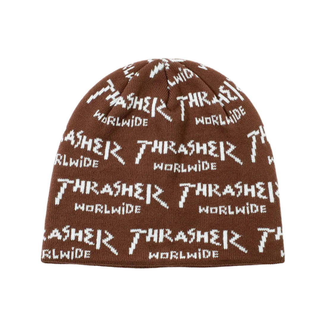 Chullo Thrasher marrón con diseño repetido Worldwide en toda la superficie