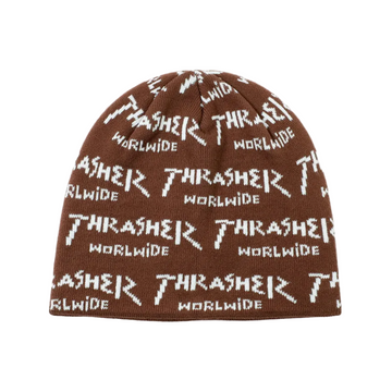 Chullo Thrasher marrón con diseño repetido Worldwide en toda la superficie