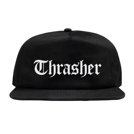 Gorra Thrasher x Spitfire The End Oath con logo Thrasher frontal y gráfico circular en la parte posterior sobre base negra.