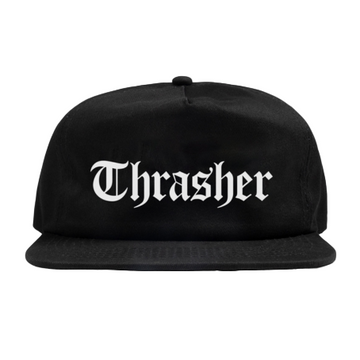 Gorra Thrasher x Spitfire The End Oath con logo Thrasher frontal y gráfico circular en la parte posterior sobre base negra.