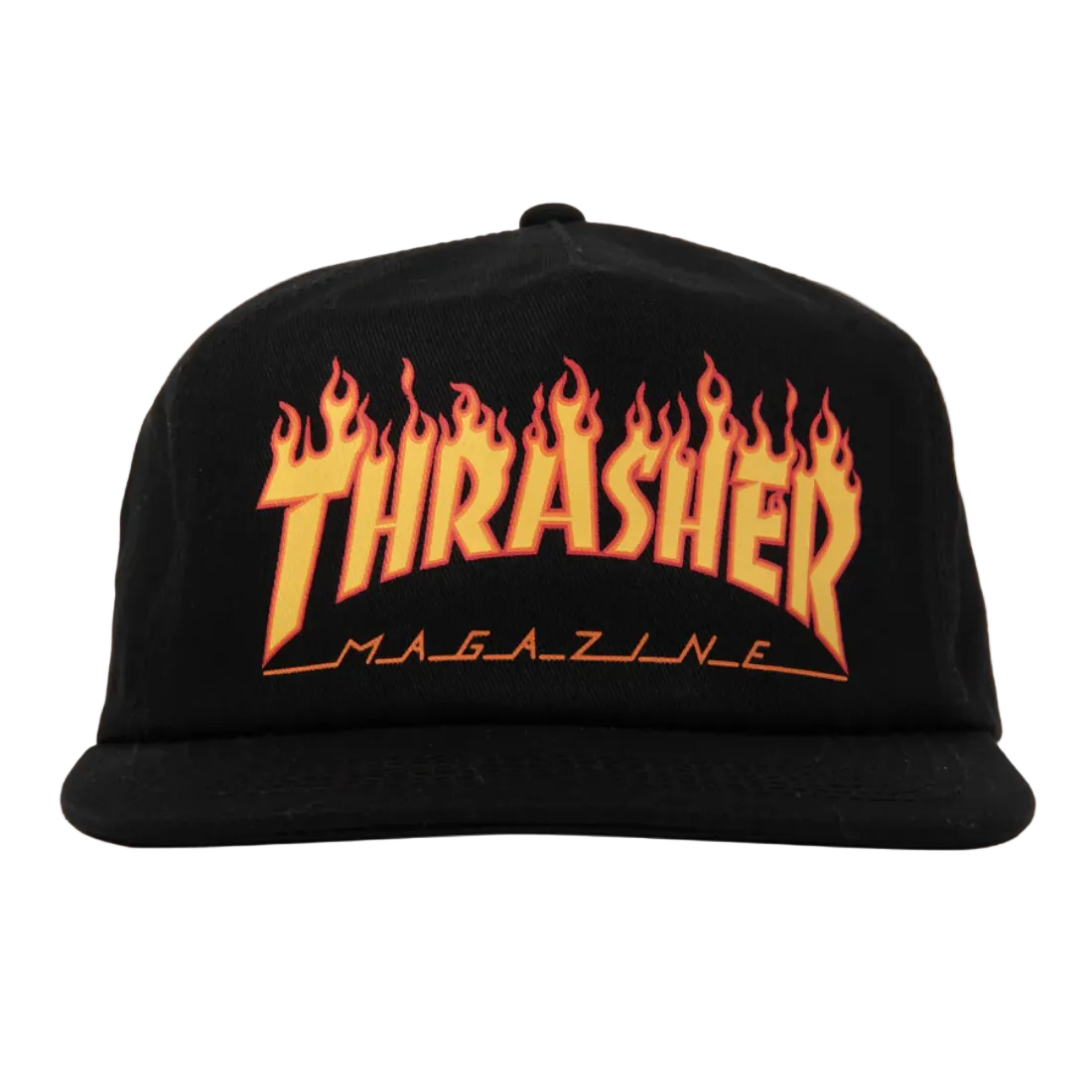Gorra Thrasher negra con logo Flame bordado en amarillo y rojo