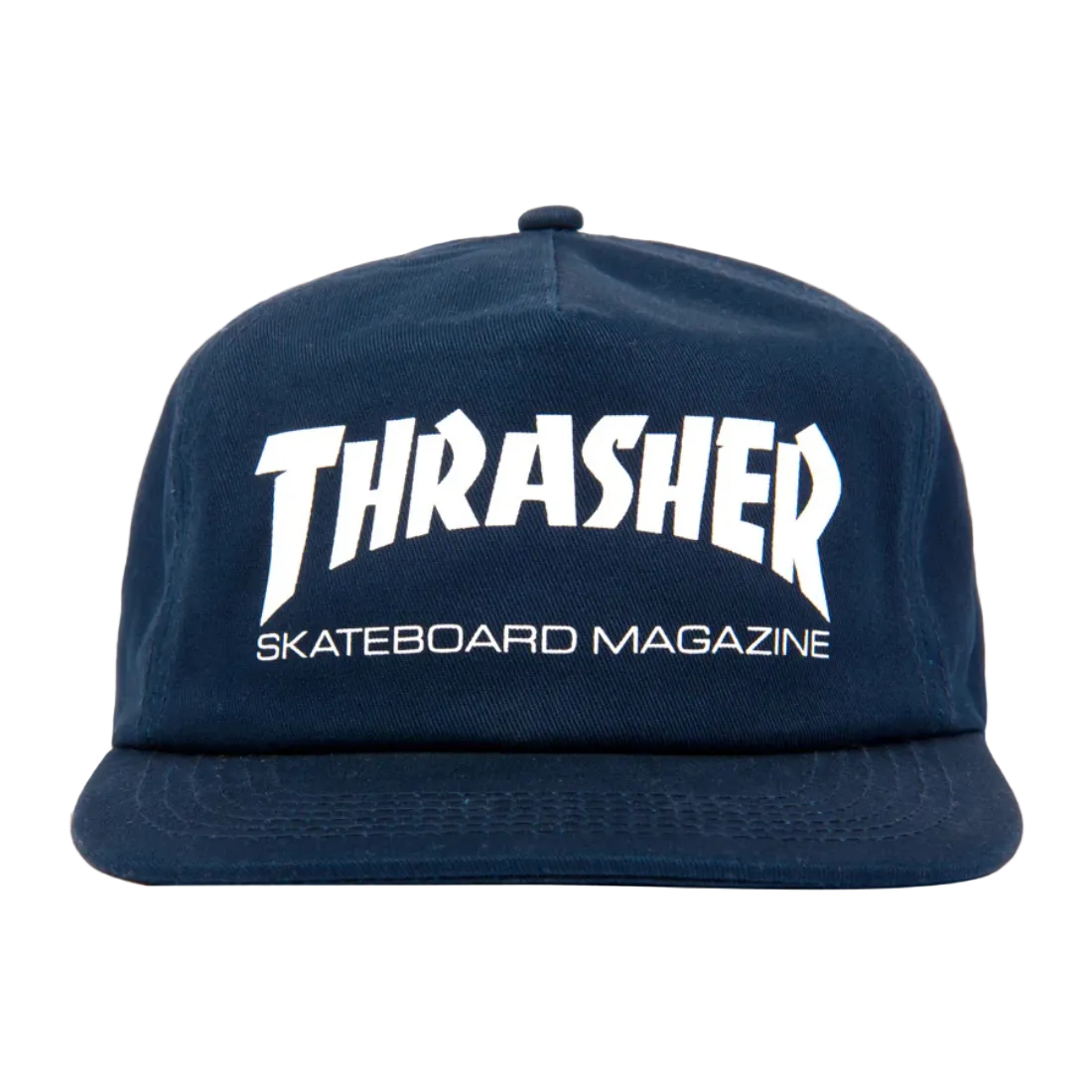Gorra Thrasher azul oscuro con logo Skateboard Magazine en blanco