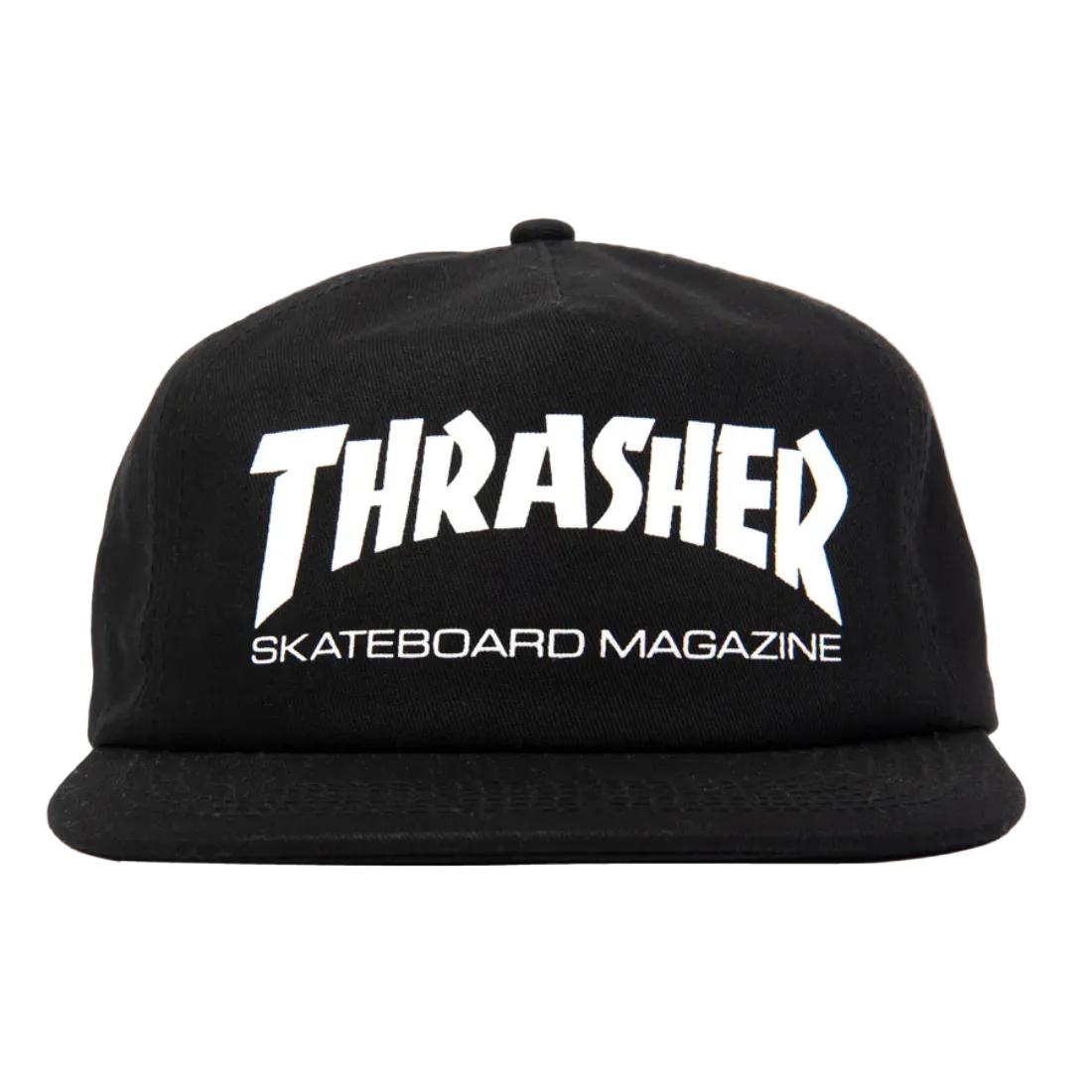 Gorra Thrasher negra con logo Skateboard Magazine en color blanco