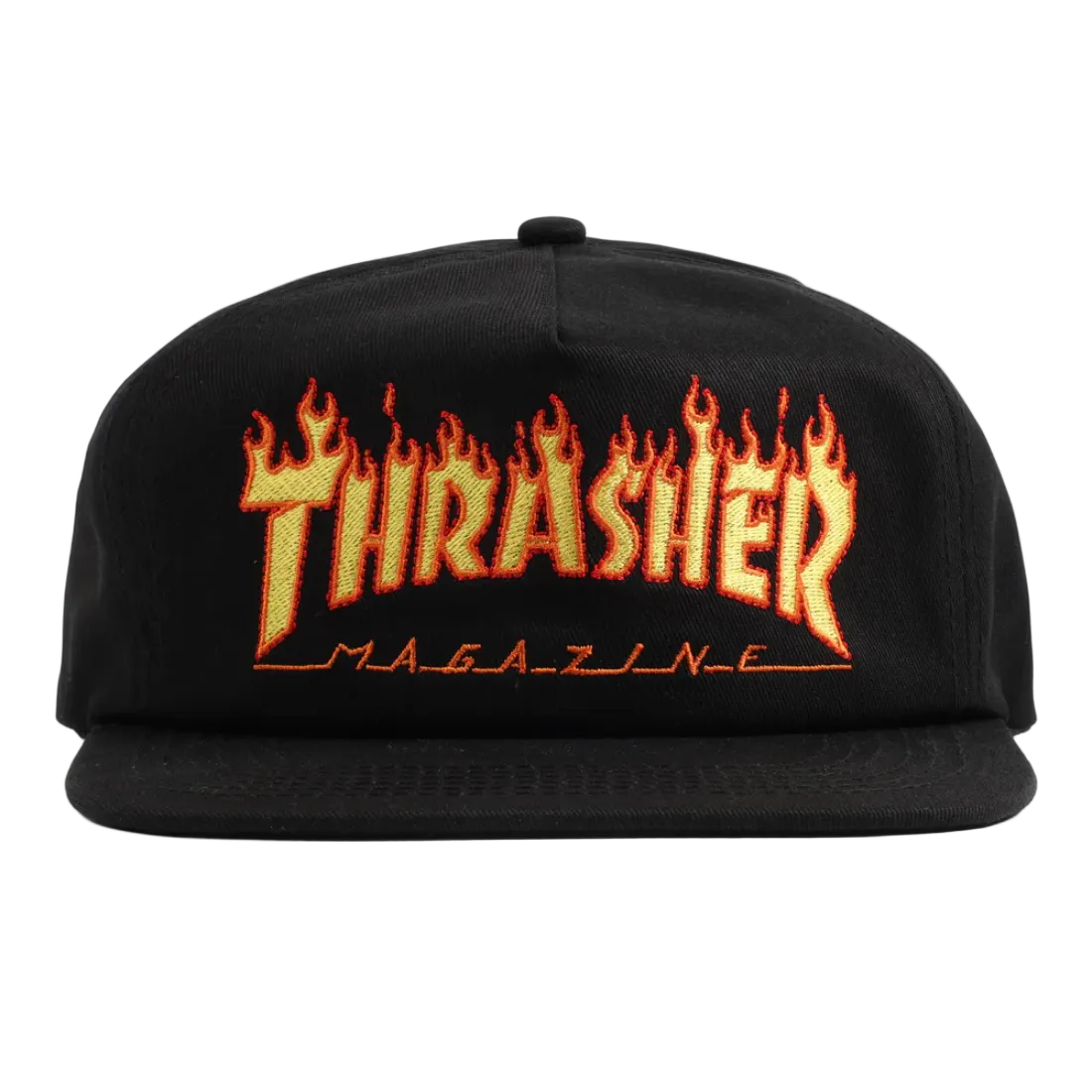 Gorra Thrasher negra con logo Flame estampado en amarillo y rojo