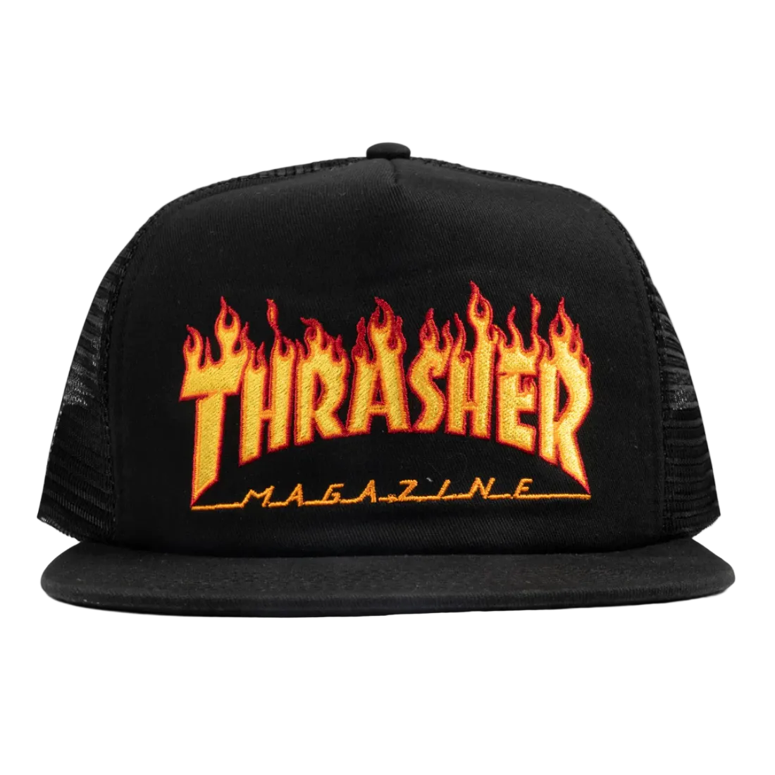 Gorra trucker Thrasher negra con logo Flame y paneles de malla posteriores