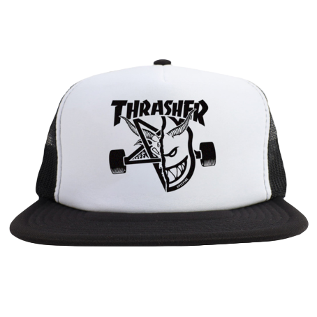 Gorra Trucker Thrasher x Spitfire Thrash & Burn White con bordado colaborativo sobre panel blanco y malla negra.
