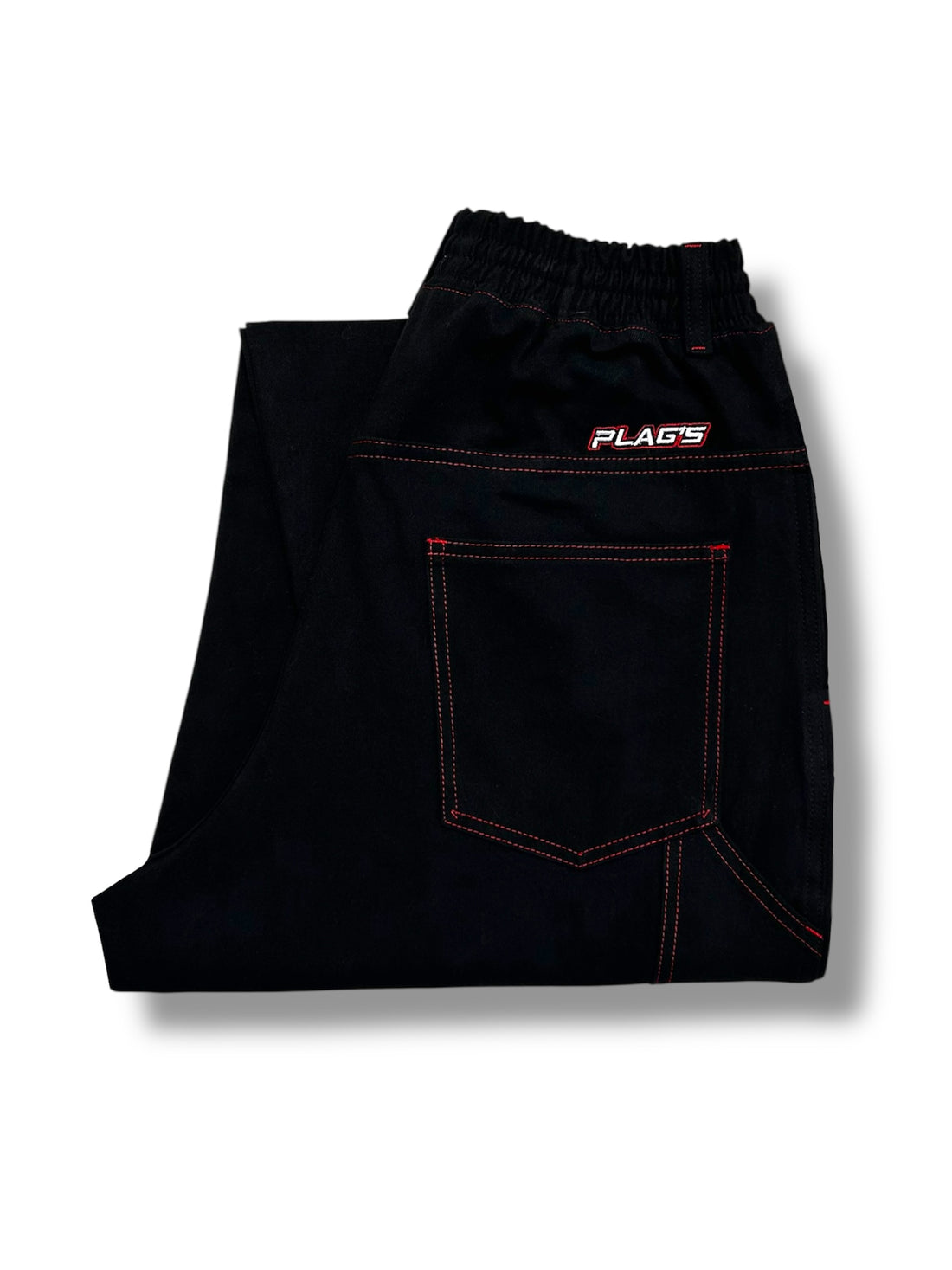 Pantalón Plag’s carpintero negro con costuras en contraste rojo