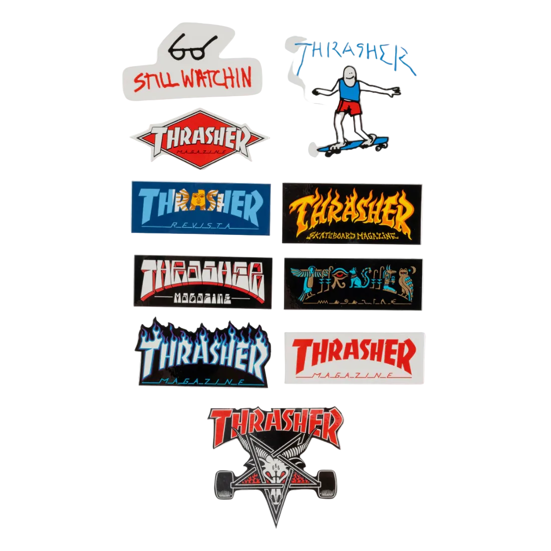 Pack de stickers Thrasher Magazine con diseños variados skate y flame logo