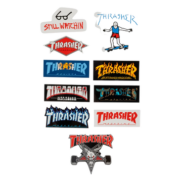 Pack de stickers Thrasher Magazine con diseños variados skate y flame logo
