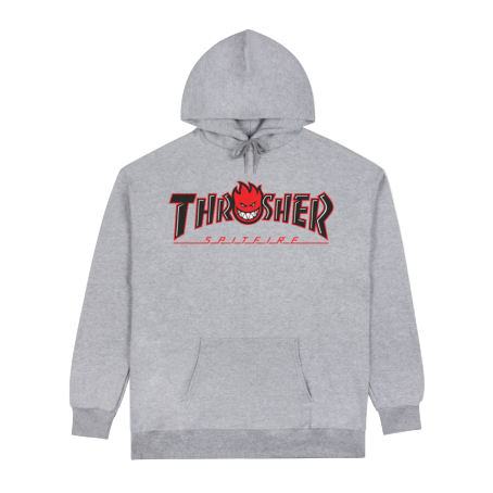 Polera Thrasher x Spitfire Big Head Outline Ash Grey con logo Thrasher y Big Head delineado en negro sobre base gris ceniza.