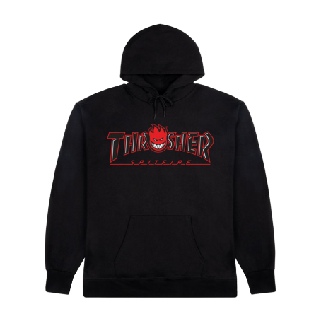 Polera Thrasher x Spitfire Big Head Outline Black con logo Thrasher y Big Head delineado en blanco sobre base negra.