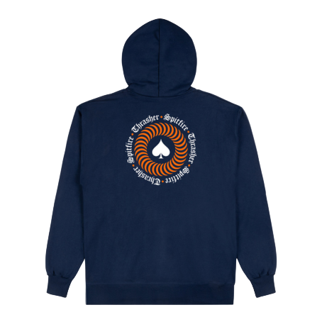 Polera Thrasher x Spitfire The End Oath Navy con logo frontal blanco y gráfico circular en la espalda sobre base azul marino.