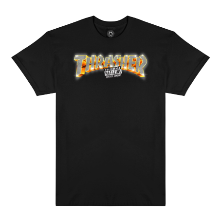 Polo Thrasher Explicit Black con logo Thrasher blanco y sello Explicit Content sobre fondo negro.