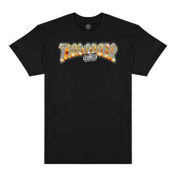 Polo Thrasher Explicit Black con logo Thrasher blanco y sello Explicit Content sobre fondo negro.
