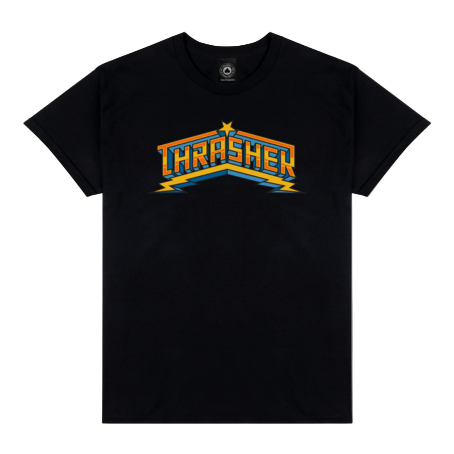 Polo Thrasher Luchadora Black con logo multicolor estilo lucha libre sobre base negra.