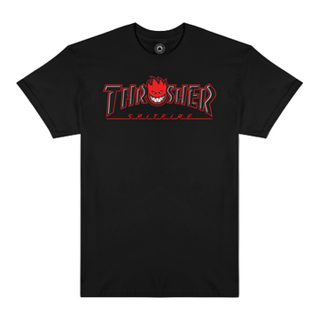 Polo Thrasher x Spitfire Big Head Outline Black con logo Thrasher y Big Head delineado en blanco sobre base negra.