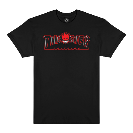 Polo Thrasher x Spitfire Big Head Outline Black con logo Thrasher y Big Head delineado en blanco sobre base negra.