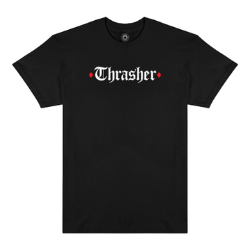 Polo Thrasher x Spitfire The End Oath Black con logo Thrasher frontal y gráfico colaborativo circular en la espalda.