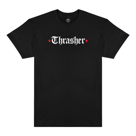 Polo Thrasher x Spitfire The End Oath Black con logo Thrasher frontal y gráfico colaborativo circular en la espalda.