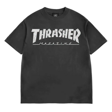 Polo negro Thrasher Magazine con logo vintage blanco frontal