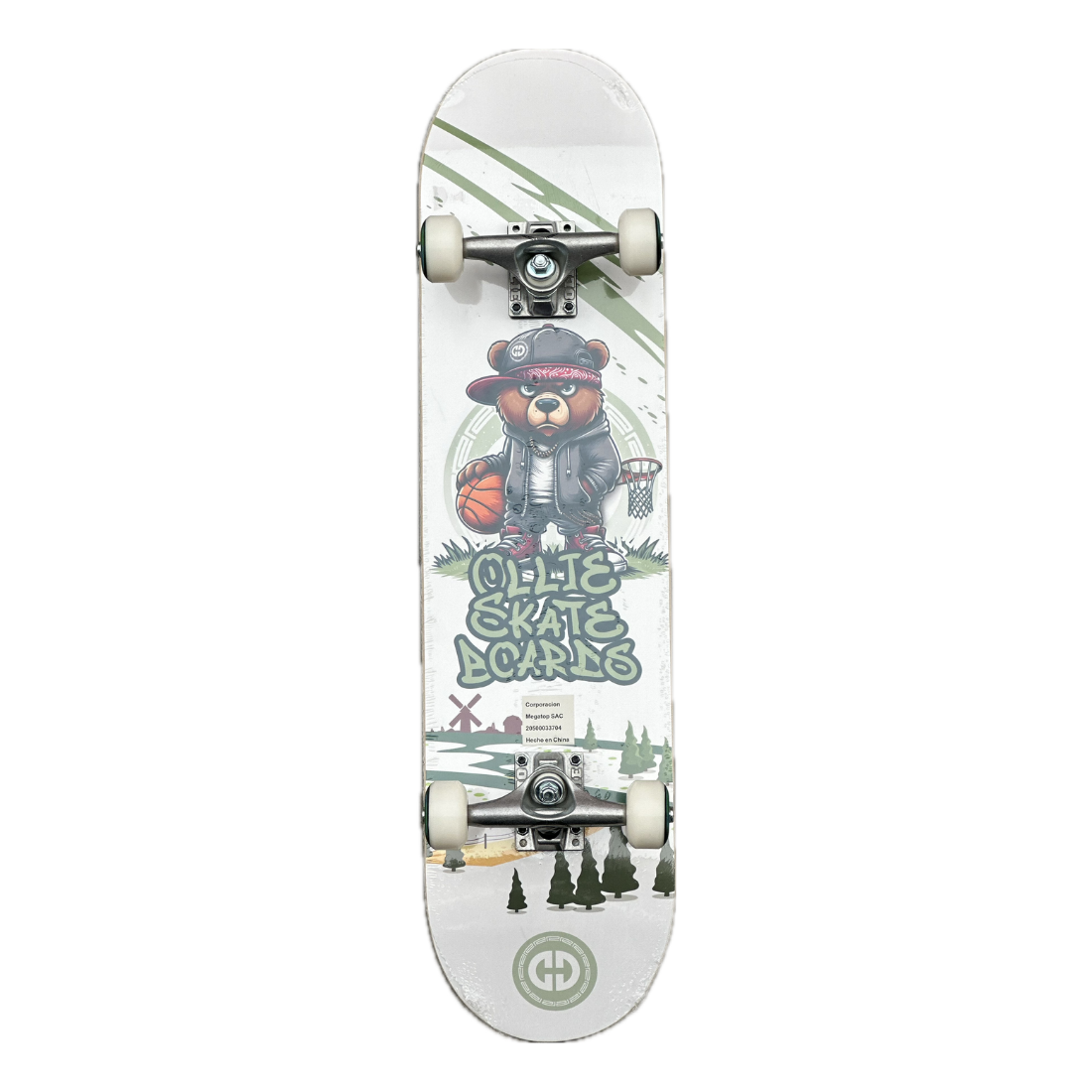 Skate completo Ollie 7.75 con gráfico de oso basquetbolista estilo cartoon