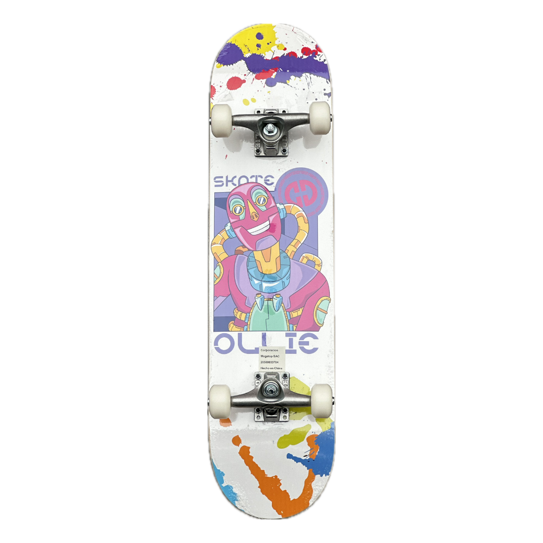 Skate completo Ollie 7.75 con gráfico robot colorido estilo cartoon