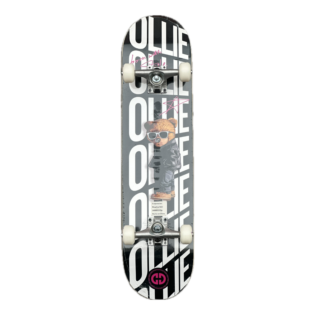 Skate completo Ollie 7.75 con gráfico urbano tipográfico Ollie en blanco y negro