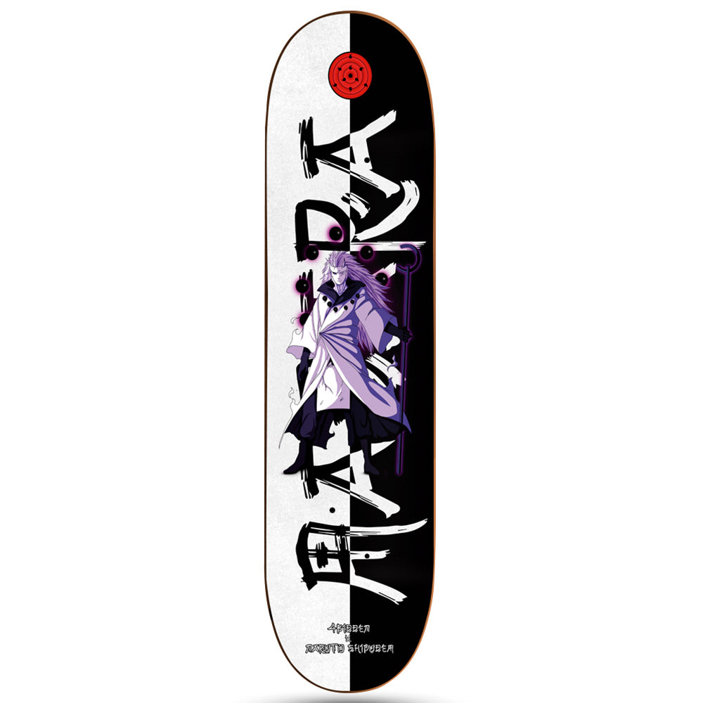 Tabla de skate 4bidden 2025 modelo Madara con ilustración de personaje ninja en tonos rojos y negros, diseño dinámico en maple canadiense.