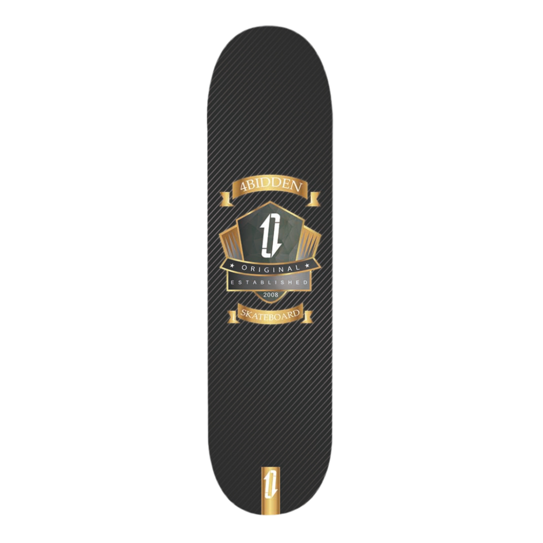 Imagen de la tabla de skate 4bidden Gold Shield con fondo negro y detalles dorados, escudo central y estética elegante.