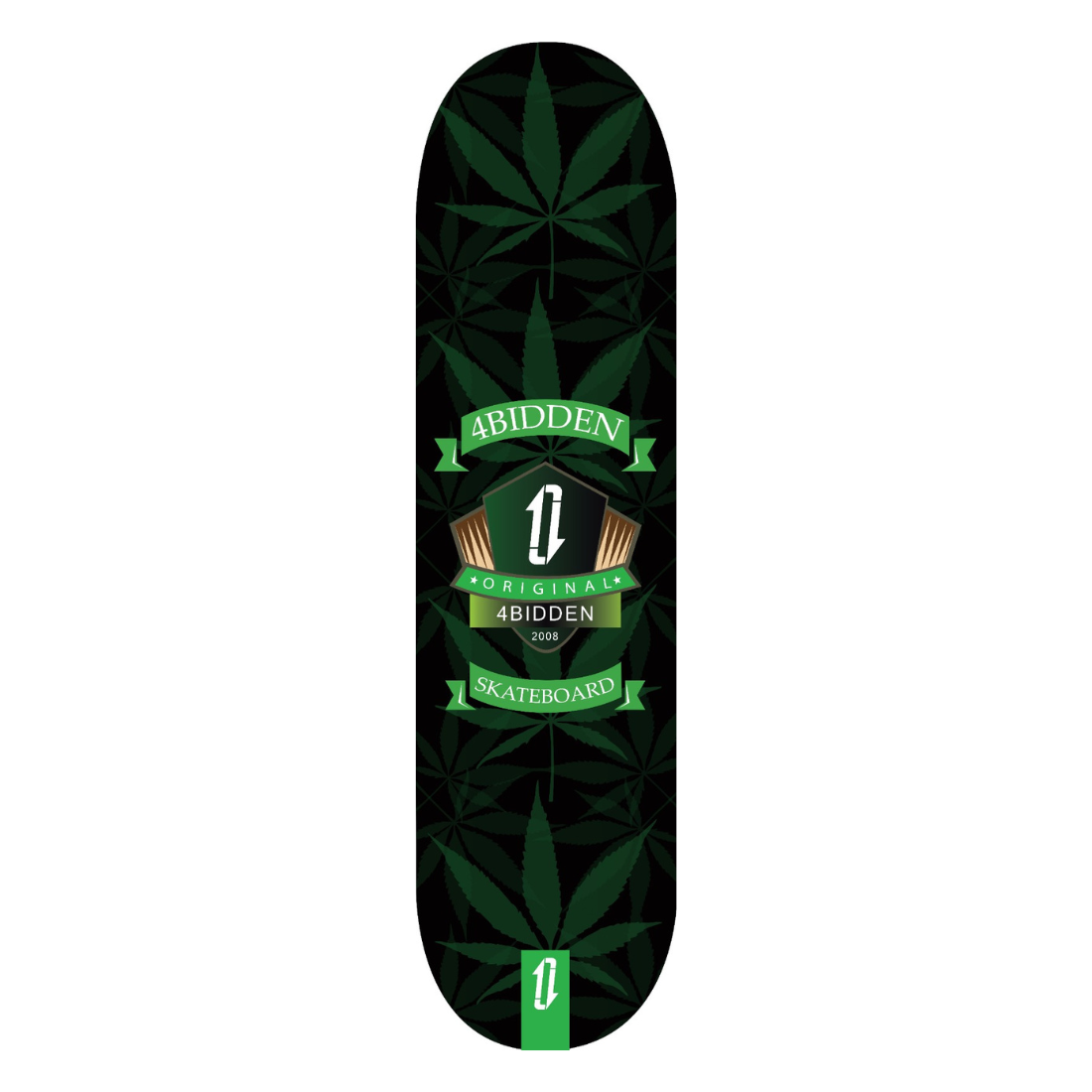 Imagen de la tabla de skate 4bidden Nature Shield con fondo verde oscuro y diseño de hojas, escudo central en tonos verdes.
