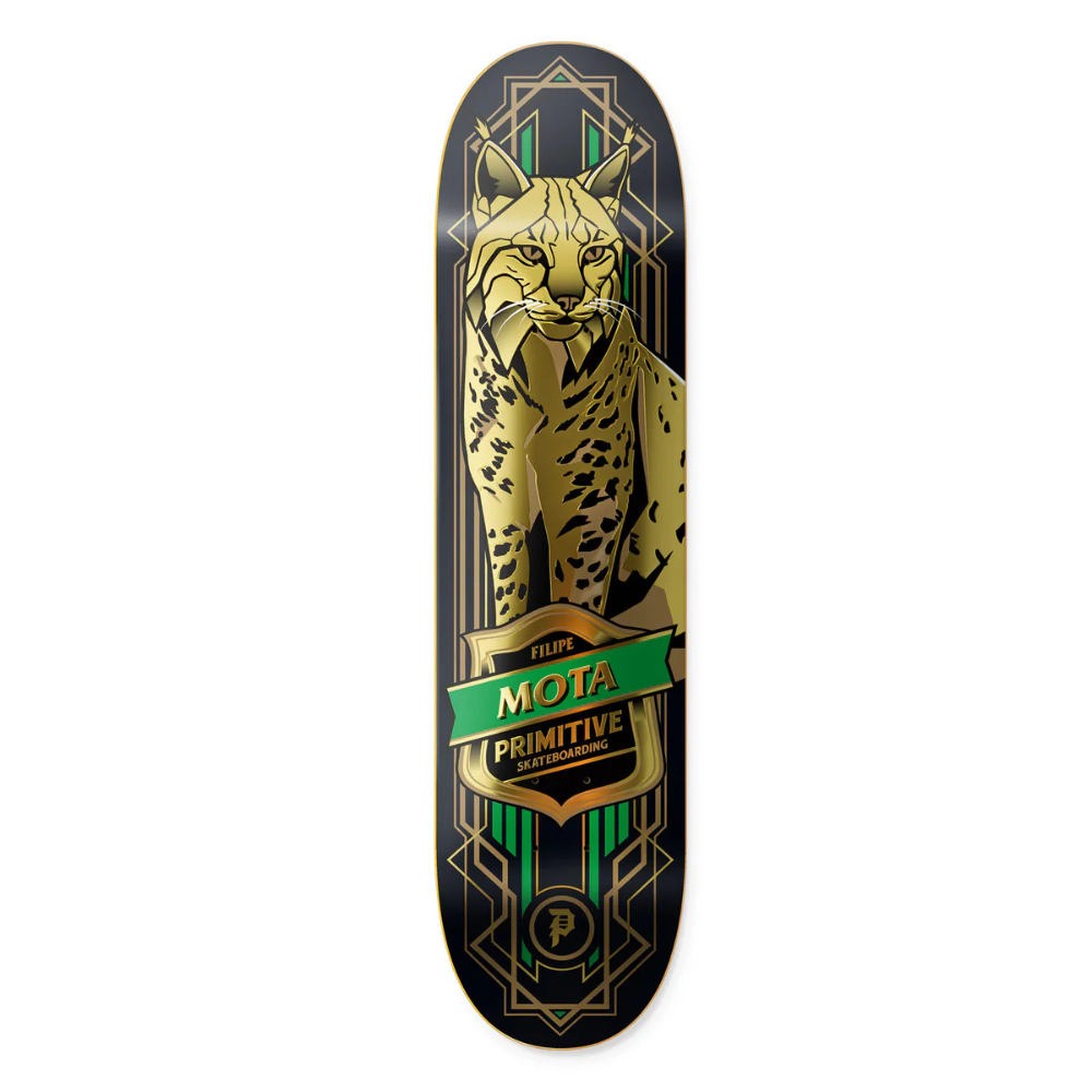 Tabla Primitive Filipe Mota Lynx 8.0 negra con gráfico dorado de lince y detalles verdes