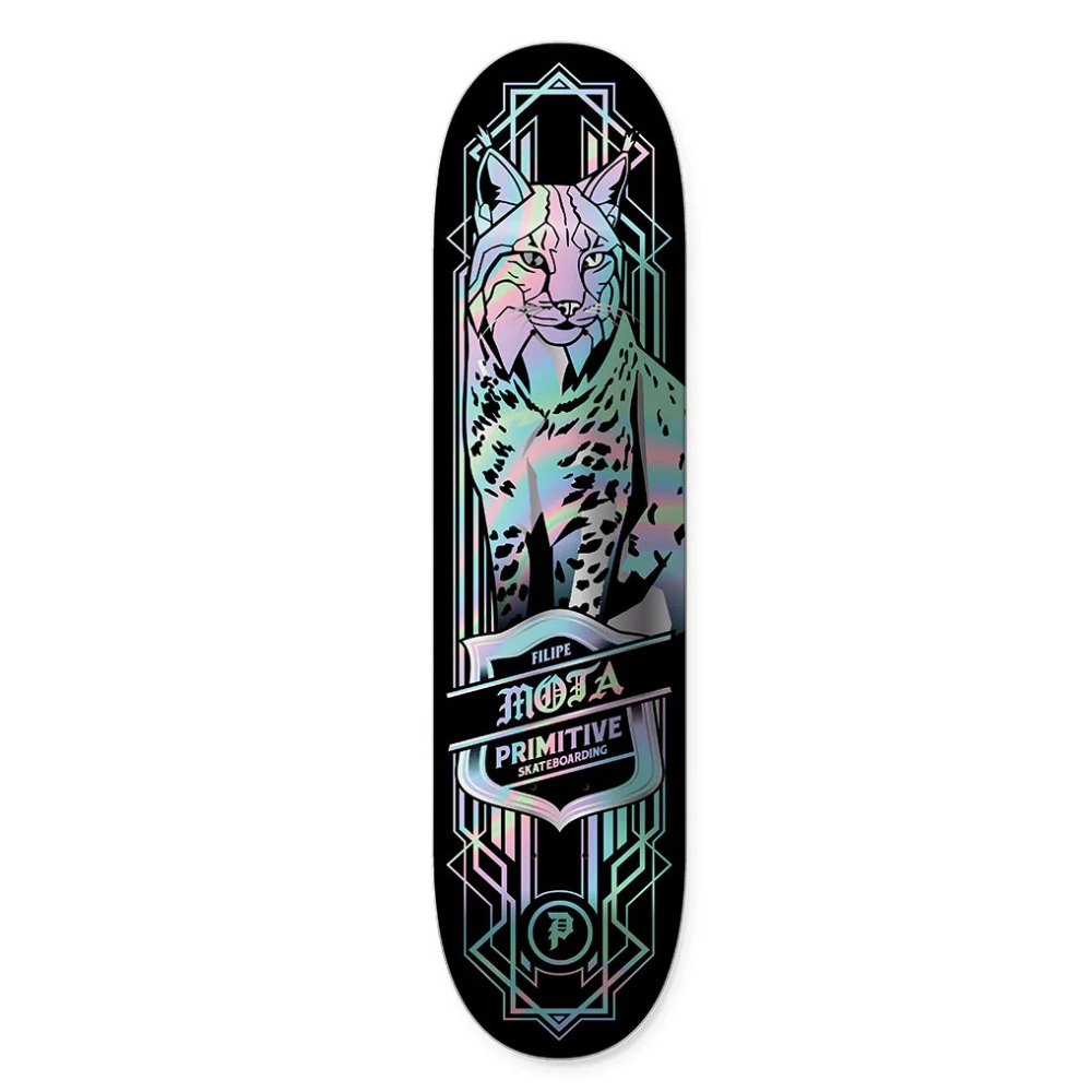 Tabla Primitive Spectra Filipe Mota Lynx 8.25 negra con gráfico iridiscente de lince
