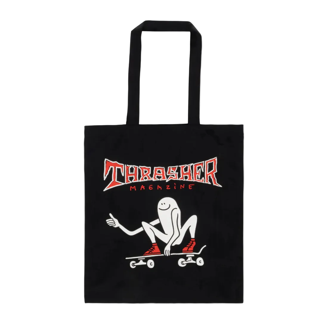 Tote bag Thrasher negra con diseño Gonz Thumbs Up sobre skate