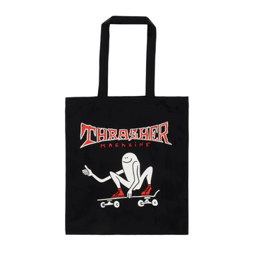 Tote bag Thrasher negra con diseño Gonz Thumbs Up sobre skate