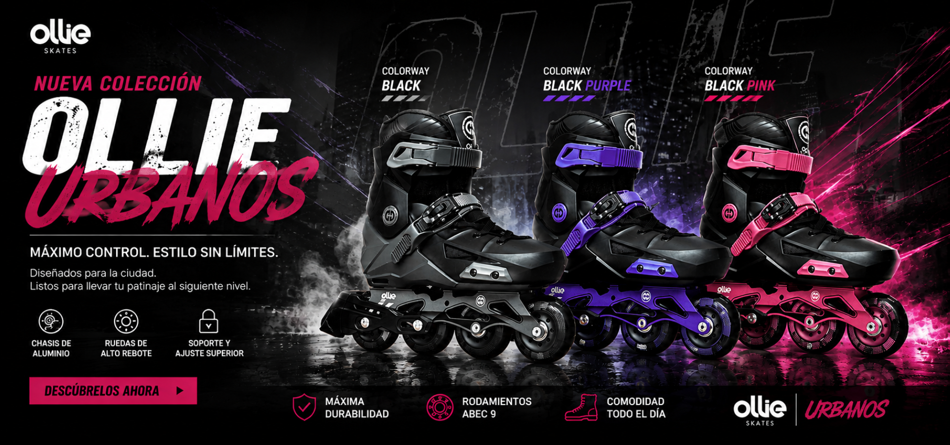 Patines urbanos Ollie Black, Black Purple y Black Pink de la nueva colección disponible en 4bidden Skateshopcc0851f0-5768-436c-bf05-4f88c7bec92e