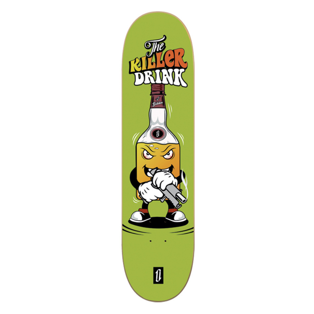 Imagen de la tabla de skate 4bidden Killer Drink con diseño gráfico de botella animada sobre fondo verde, estilo urbano y cómico.