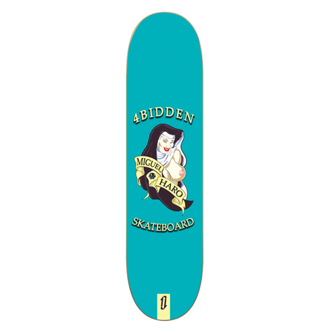 Imagen de la tabla de skate 4bidden Monja Haro con ilustración humorística de monja en tonos beige y fondo turquesa.
