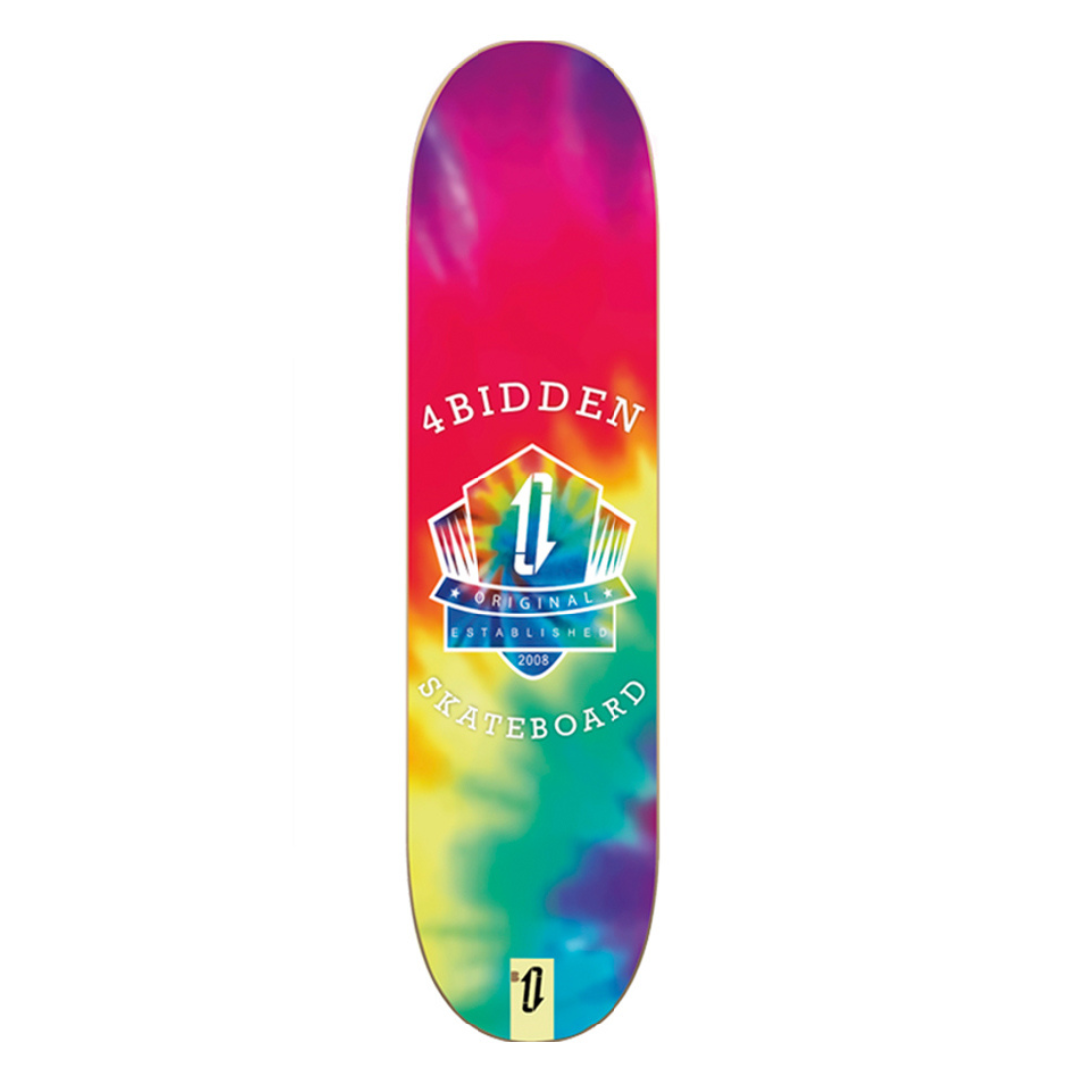 Imagen de la tabla de skate 4bidden Tie Dye Shield con diseño multicolor tipo tie dye y escudo central de 4bidden en azul.