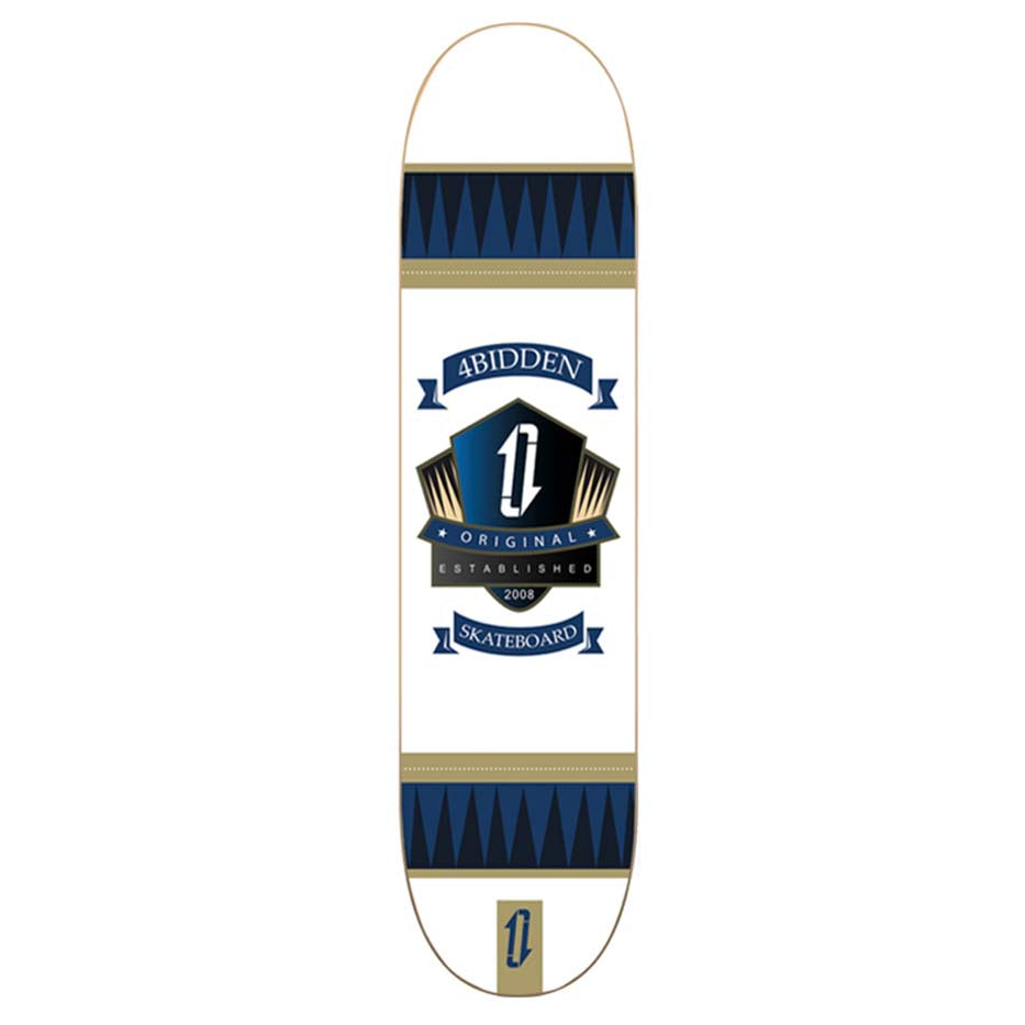 Imagen de la tabla de skate 4bidden Classic Shield con diseño clásico en blanco, azul y dorado, con el escudo original de la marca.
