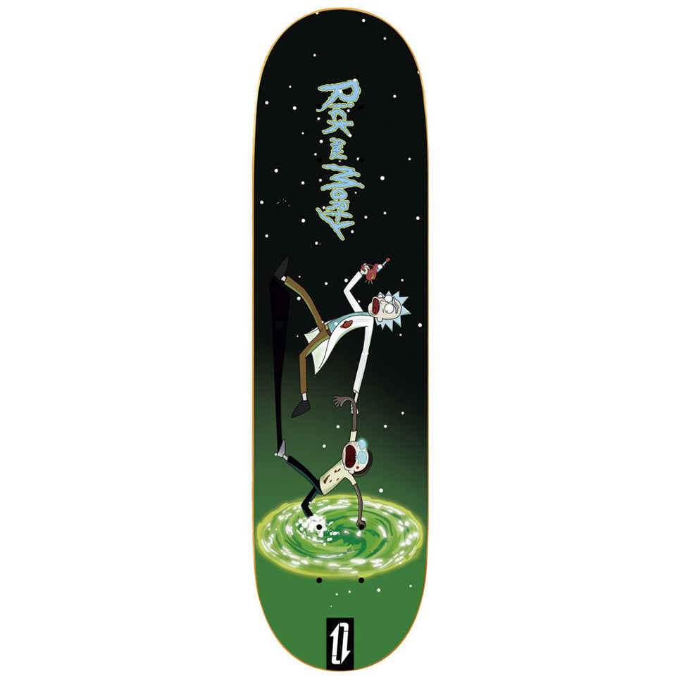 Imagen de la tabla de skate 4bidden Rick & Morty Runaway con ilustración de los personajes Rick y Morty en fondo verde interdimensional.