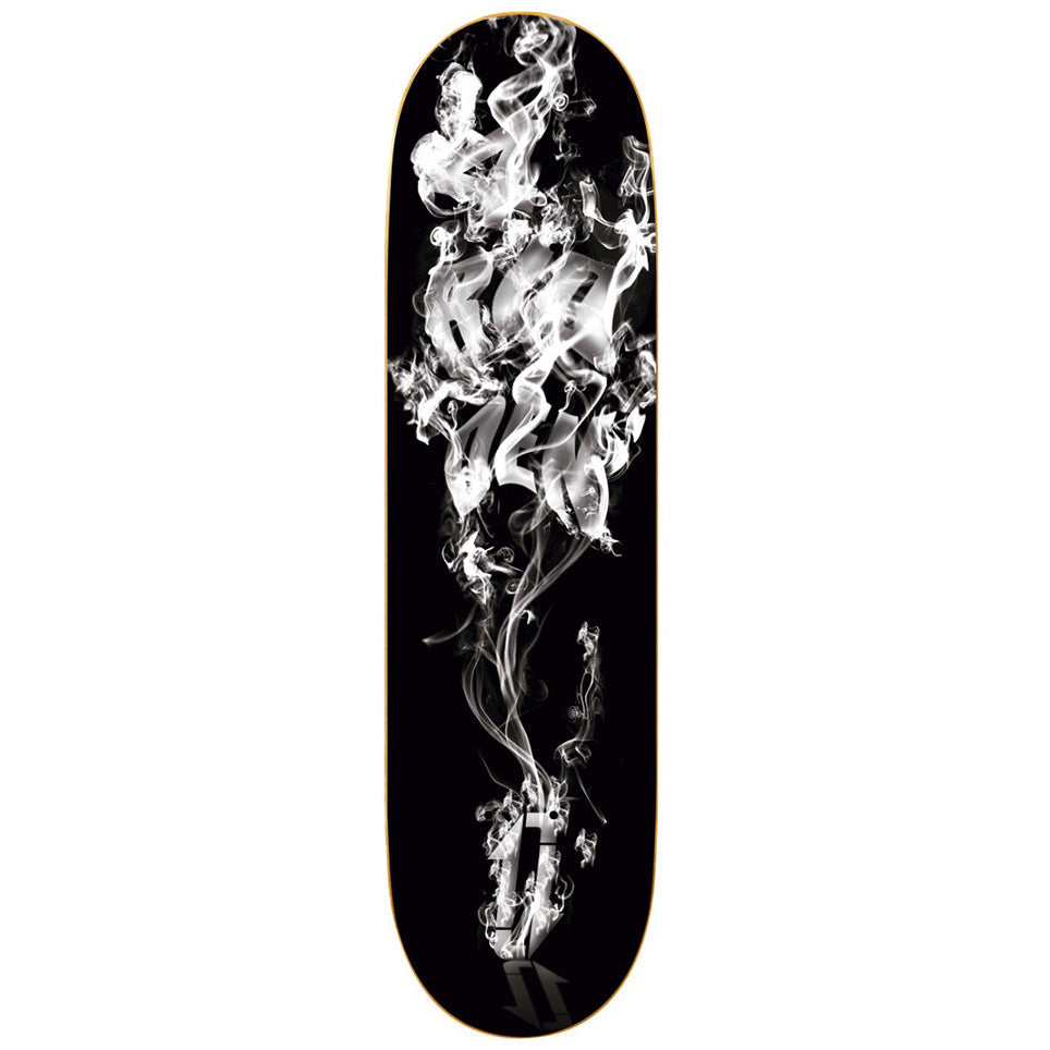 Imagen de la tabla de skate 4bidden Smoke con diseño de humo blanco sobre fondo negro, estilo minimalista y elegante.